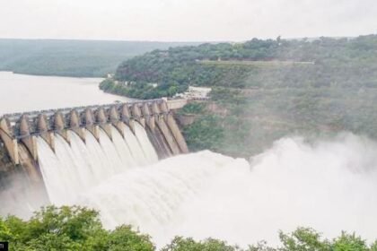 Krishna River view with irrigation canals or dams.