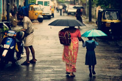 Rainy day outside a school building.