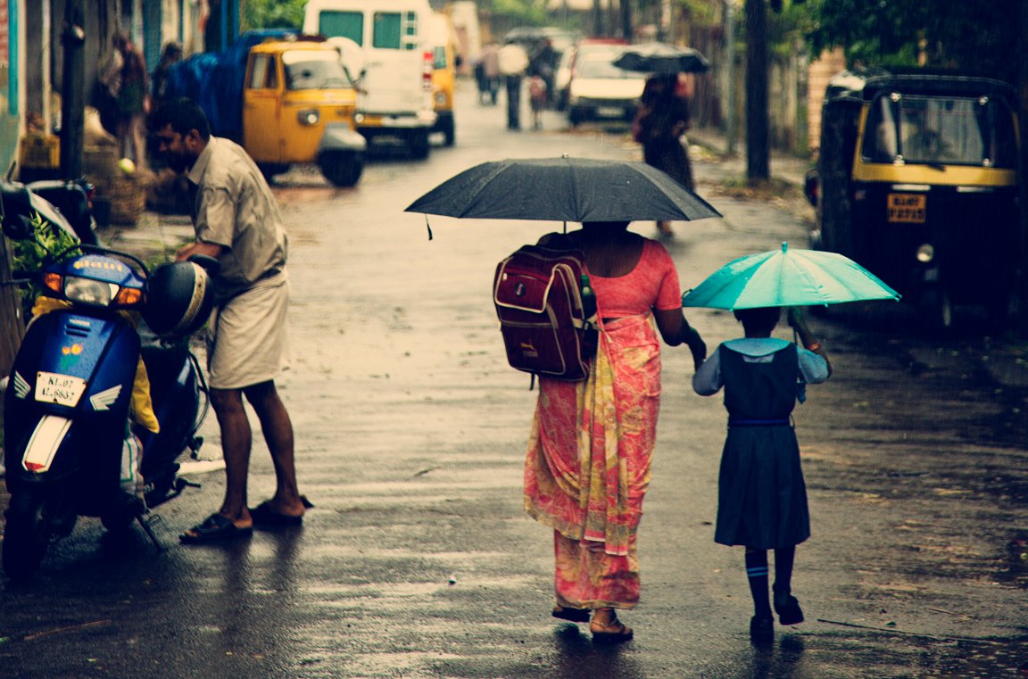 Rainy day outside a school building.
