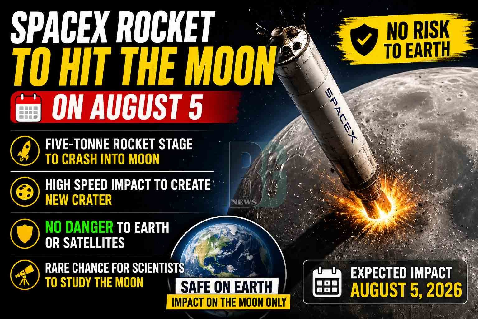 Five Tonne SpaceX Rocket to Hit the Moon on August 5