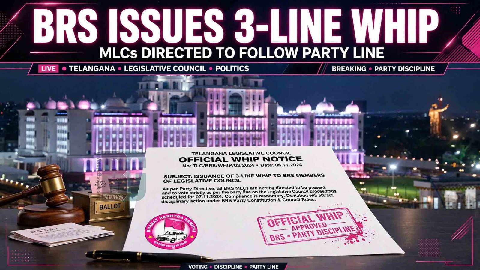 BRS Issues Three Line Whip to MLCs Ahead of Telangana
